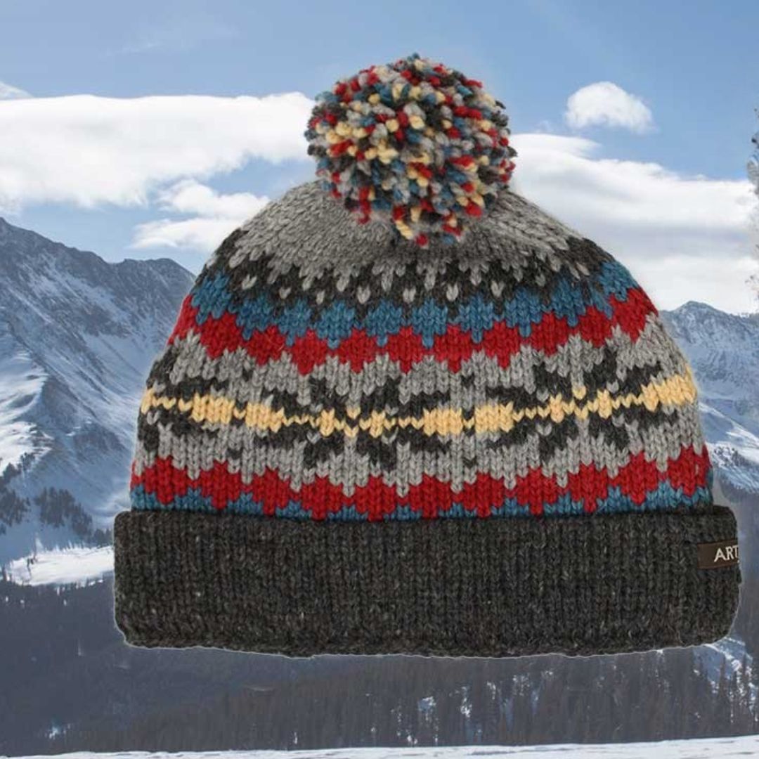 Alpaca Hat with Fleece Lining-Apparel-Alpaca Direct-Charcoal/Yellow/Red with Pom Pom-Alpaca Direct