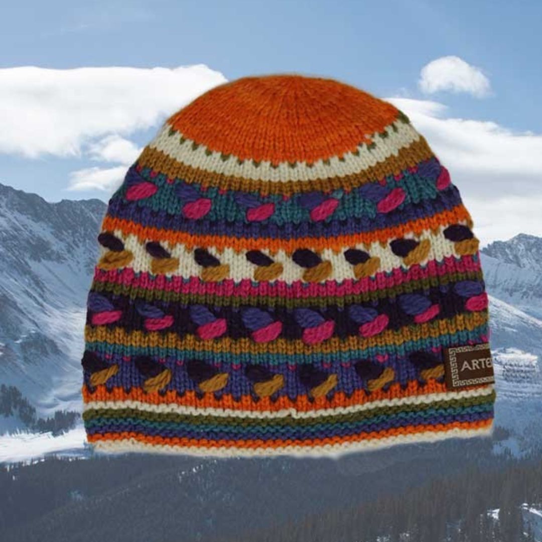 Alpaca Hat with Fleece Lining-Apparel-Alpaca Direct-Orange/Pink/Ecru-Alpaca Direct