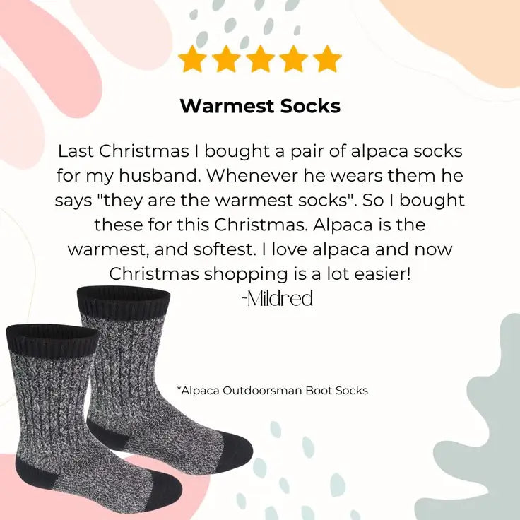 Five-star review 'Warmest Socks' from Mildred, with Alpaca Outdoorsman Boot Socks