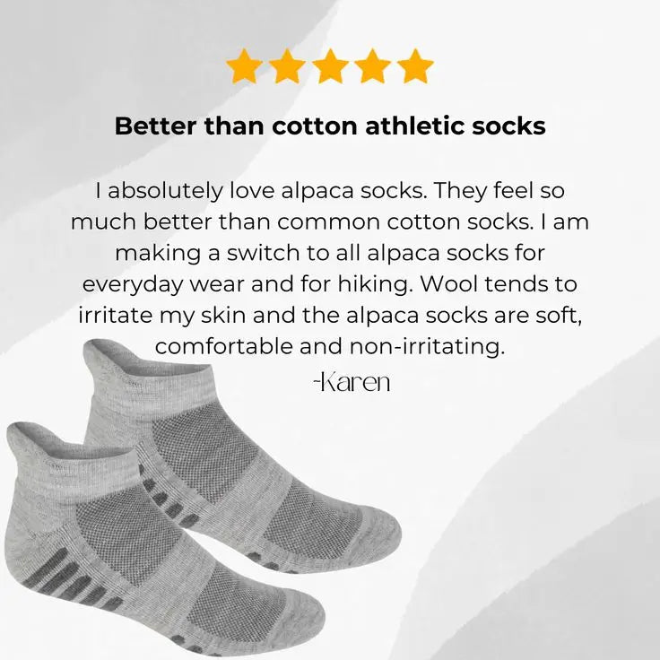 Five-star review 'Better than cotton athletic socks' from Karen, with Selkirk Alpaca Ankle Socks
