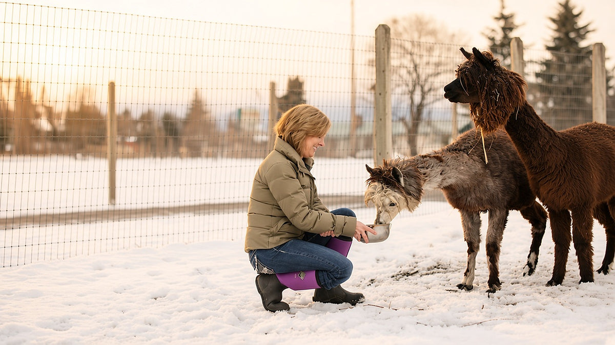 Woman crouching in the snow feeding two alpacas from a bowl