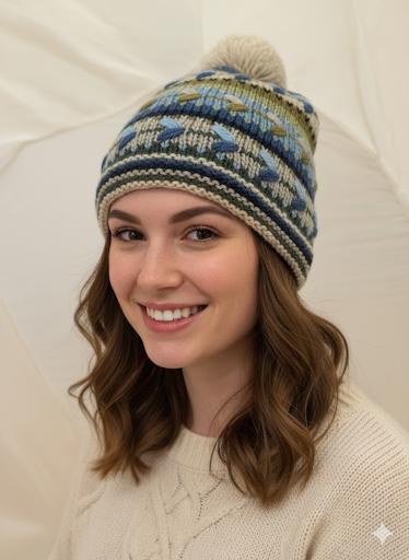 Alpaca Hat with Fleece Lining-Apparel-Alpaca Direct-White/Blue/Green with PomPom-Alpaca Direct