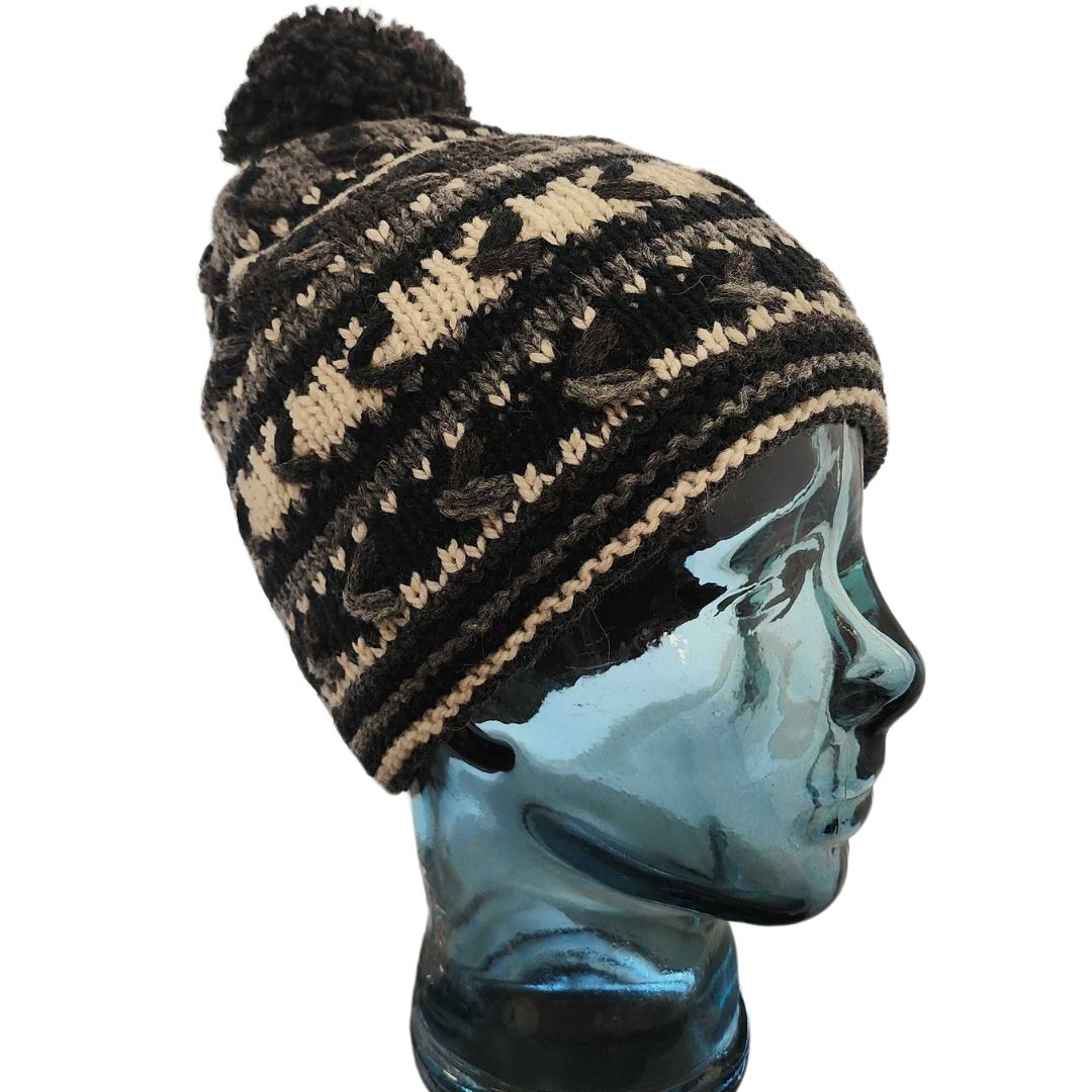 Alpaca Hat with Fleece Lining-Apparel-Alpaca Direct-Black/White/Grey with PomPom-Alpaca Direct
