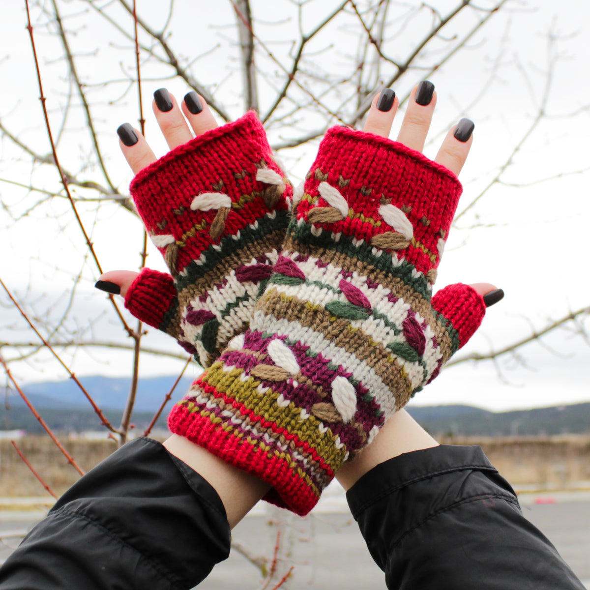 Alpaca Fingerless Mittens-Apparel-Alpaca Direct-Red/Green/Ecru-Alpaca Direct Main image