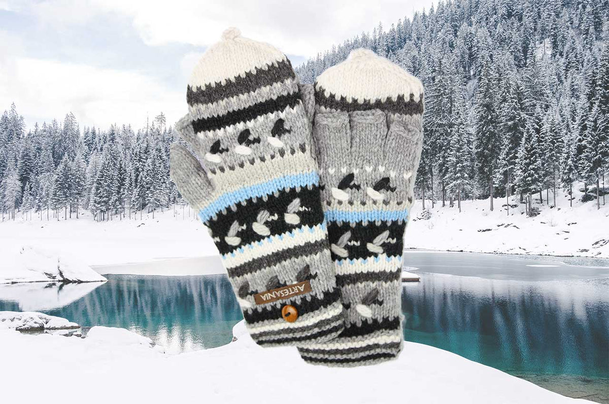 Alpaca Convertible Mittens-Apparel-Alpaca Direct-Black/White/Blue-Alpaca Direct