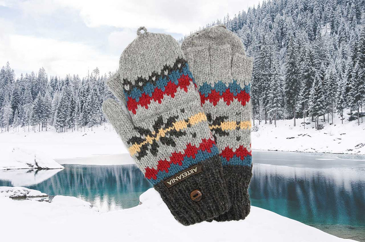 Alpaca Convertible Mittens-Apparel-Alpaca Direct-Charcoal/Yellow/Red-Alpaca Direct