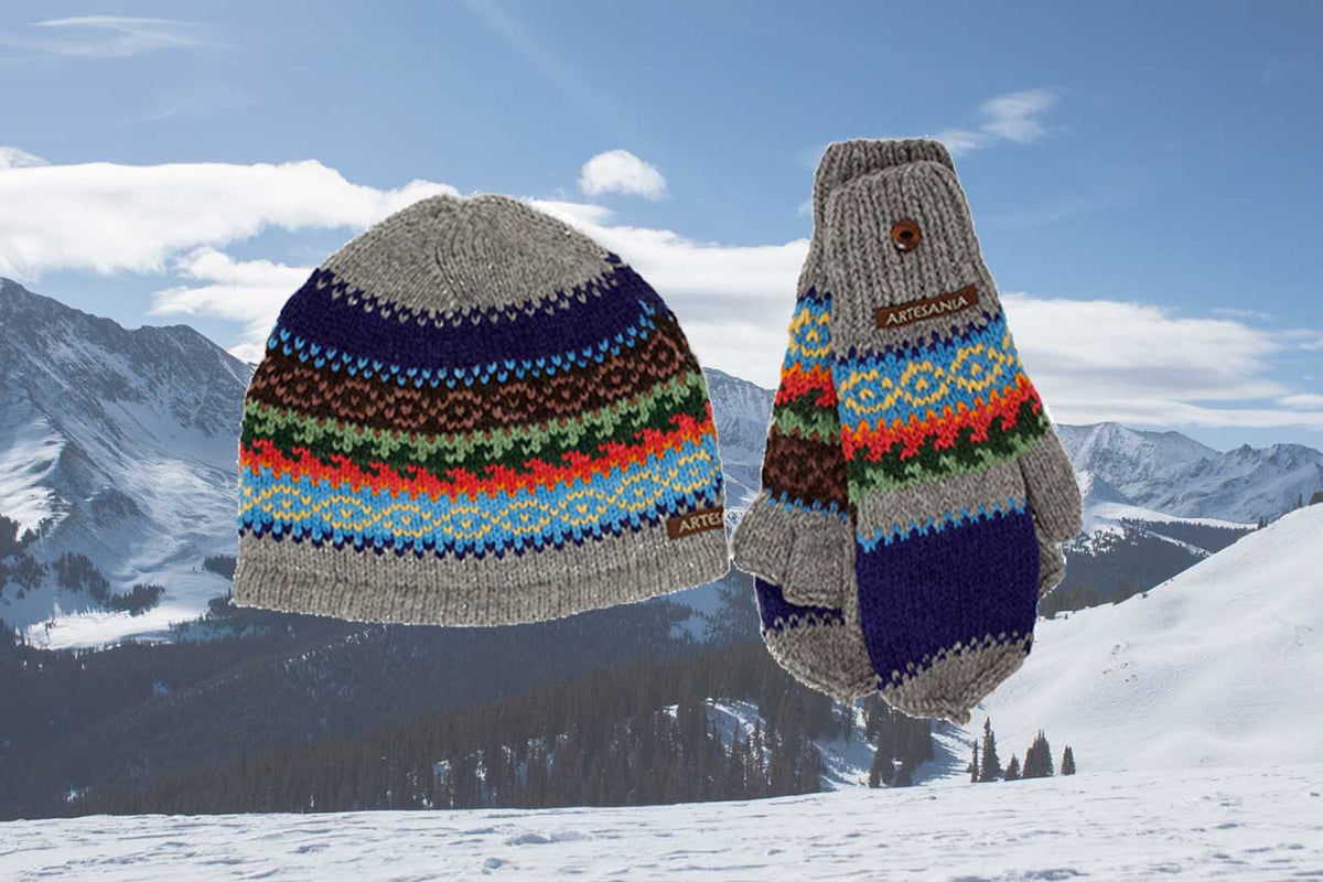 Alpaca Convertible Mittens and Hat Set-Apparel-Alpaca Direct-Blue/Orange/Grey-Alpaca Direct