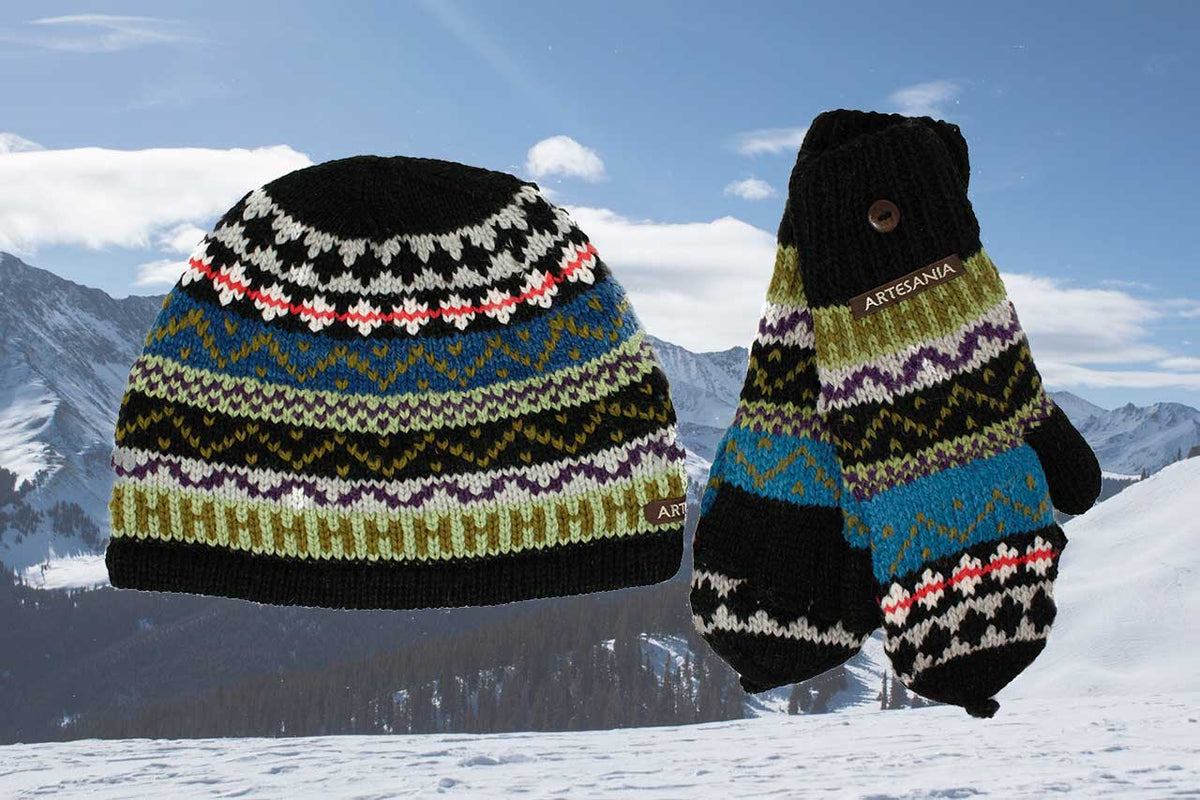 Alpaca Convertible Mittens and Hat Set-Apparel-Alpaca Direct-Black/Green/Blue-Alpaca Direct