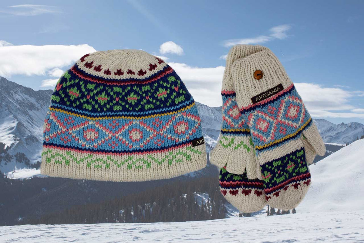 Alpaca Convertible Mittens and Hat Set-Apparel-Alpaca Direct-Blue/Pink/Green-Alpaca Direct