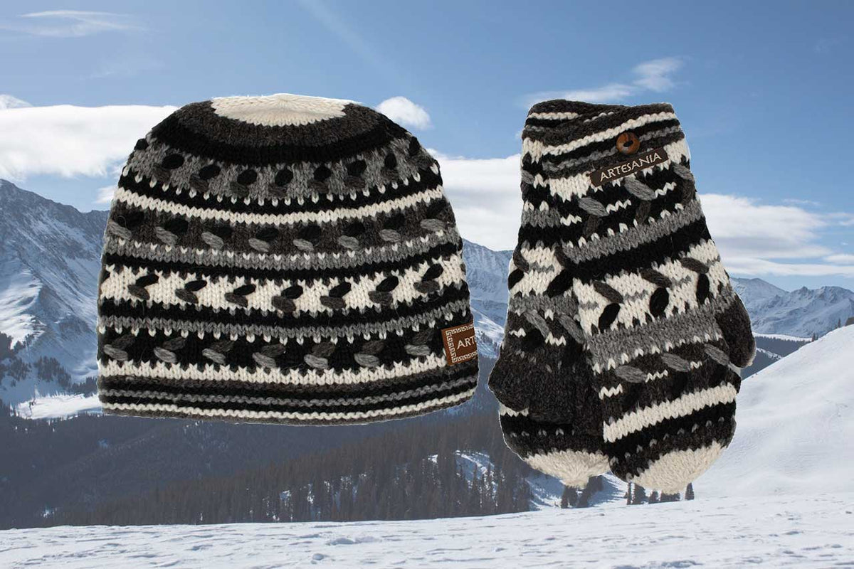 Alpaca Convertible Mittens and Hat Set-Apparel-Alpaca Direct-Black/White/Grey-Alpaca Direct
