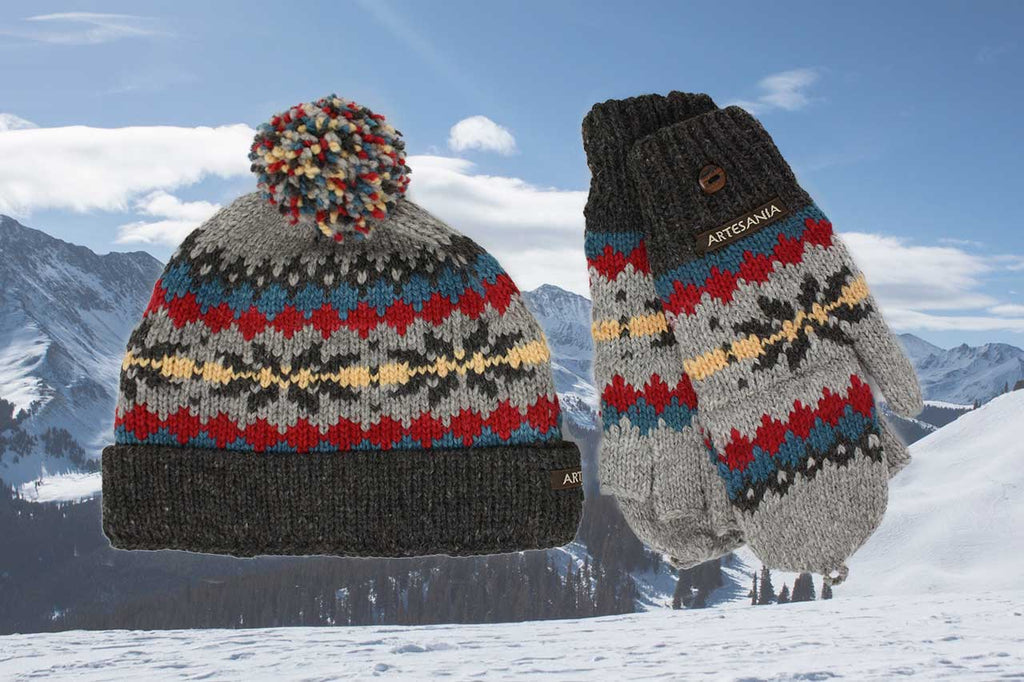 Alpaca Convertible Mittens and Hat Set-Apparel-Alpaca Direct-Charcoal/Yellow/Red-Alpaca Direct