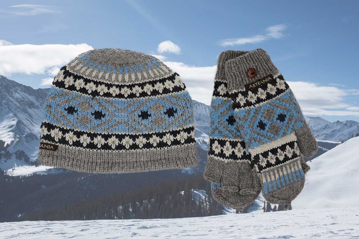 Alpaca Convertible Mittens and Hat Set-Apparel-Alpaca Direct-Blue/Grey/Black-Alpaca Direct
