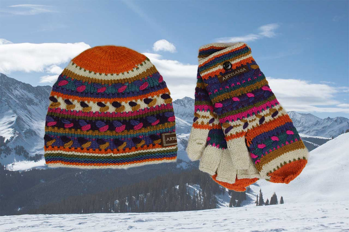 Alpaca Convertible Mittens and Hat Set-Apparel-Alpaca Direct-Orange/Pink/Green-Alpaca Direct